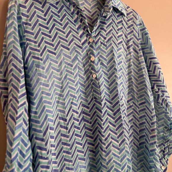 OLIPHANT Blue Chevron Print Long Sleeve Button Up Collar Tunic Shirt Cover Up M - Picture 3 of 5
